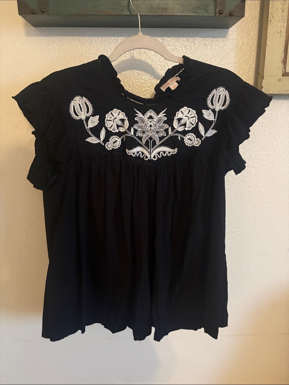 Knox Rose Black Top with White Floral Embroidery